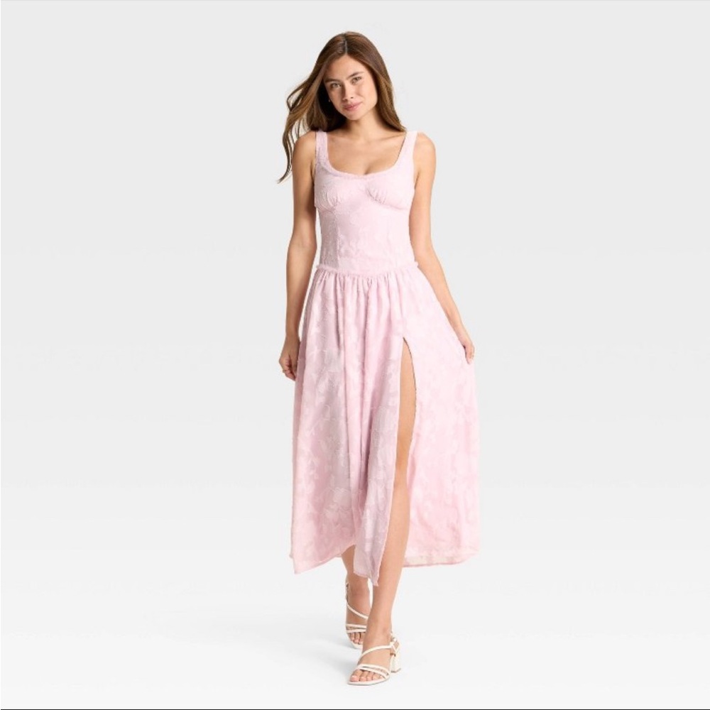 Wild Fable Jacquard Tulle Trim Basque Drop Waist Light Pink Midi Dress NWT